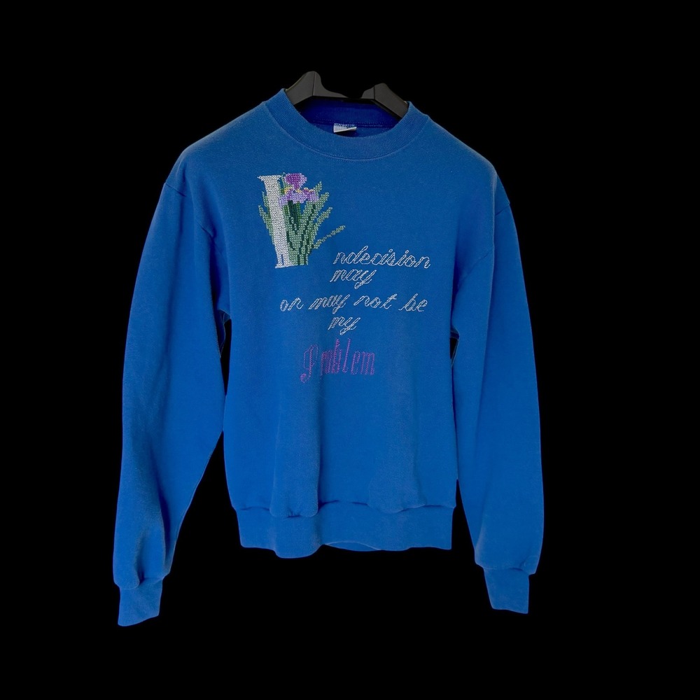 70's Vintage Blue Crewneck Sweatshirt Indecision Problem Graphic Floral Small